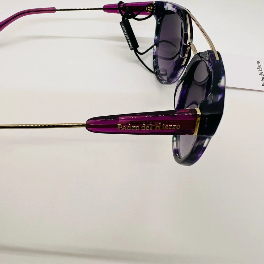 NWT Pedro del Hierro Round Sunglasses w/ Case and Dust Cloth. Purple and Gold.
